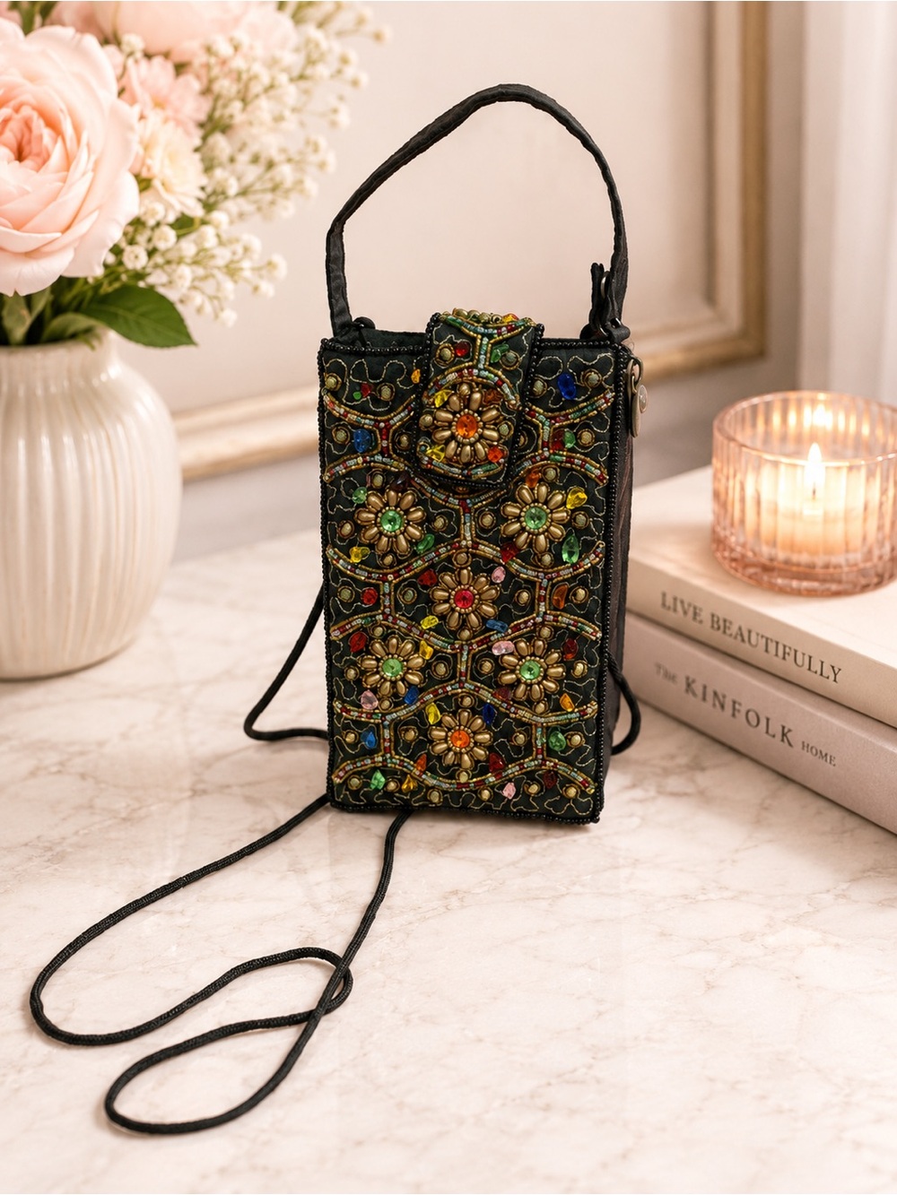 Embellished Black Crossbody Phone Bag with Multicolor Beading